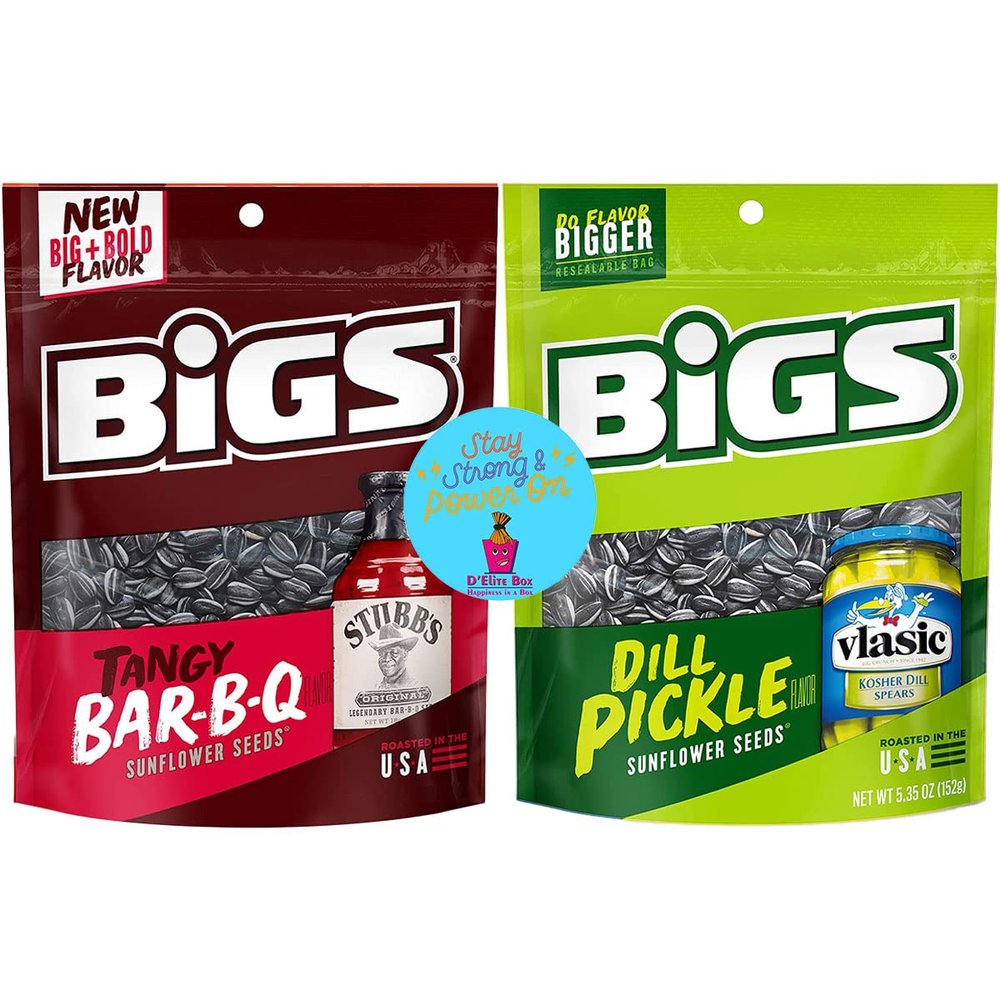 D'Elite Box Sunflower Seeds Variety Pack 2 Flavor Combo BIGS Dill Pickle and Tangy BBQ 5.35oz bags each - Keto Friendly - Pack of 2 comes bundled with an inspirational magnet by D'Elite Box