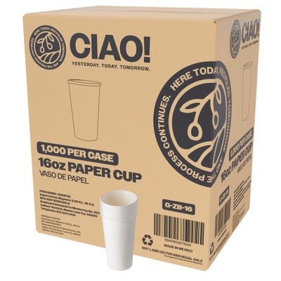 CIAO! 16oz White Paper Hot Cup, Disposable, 90mm Diameter 1,000 Count