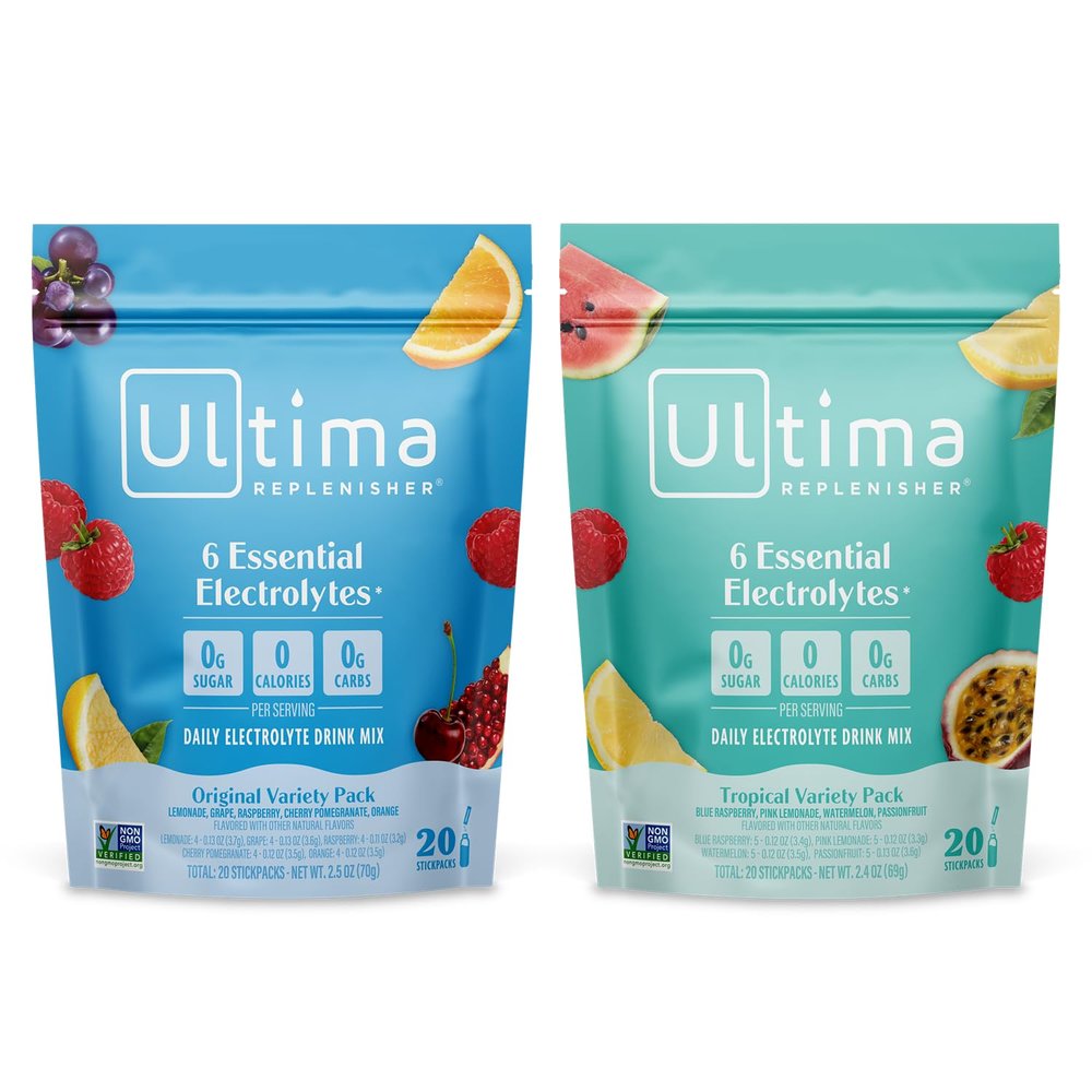 Ultima Replenisher Daily Electrolyte Powder Drink Mix Sugar Free Tropical Variety and 5-Flavor Variety, 20 Stickpacks Hydration Packets with 6 Electrolytes and Minerals Keto, Non-GMO