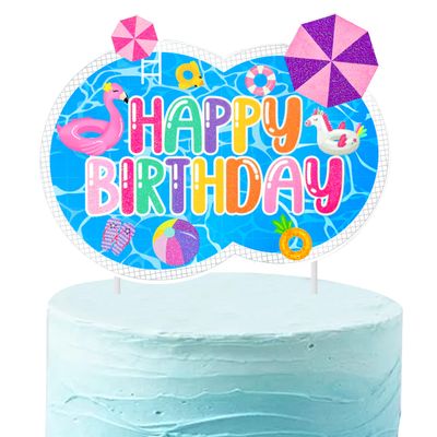 Summer Pool Party Cake Topper Summer Beach Birthday Cake Decorations Tropical Hawaii Happy Birthday Cake Pick for Swimming Pool Theme Baby Shower Supplies