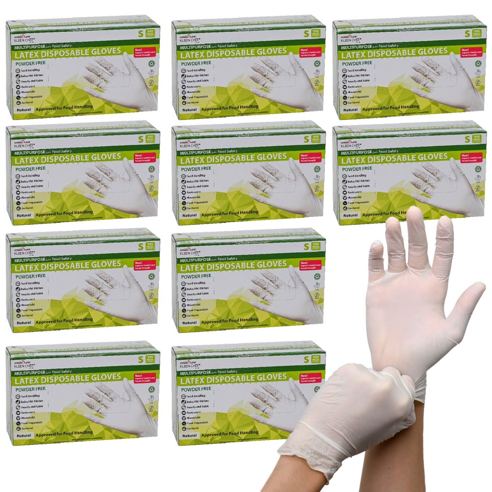 KLEEN CHEF Bulk Disposable Latex Gloves 1,000 Pcs Count, Powder Free, Cleaning and Food Prep Gloves, Food Safe, SMALL