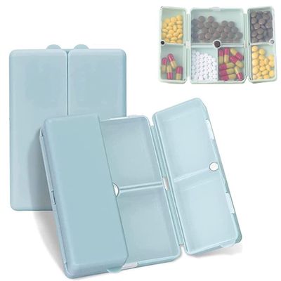 7 Compartments Portable Pill Case, Foldable Pill Organizer for Travel, Portable Daily Pill Case, Pocket Pharmacy with Labels, Magnetic Travel Pill Box (Blue)