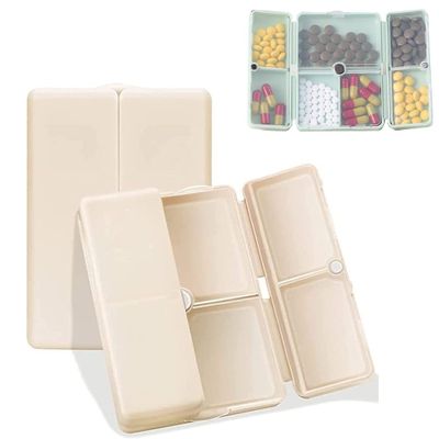 7 Compartments Portable Pill Case, Foldable Pill Organizer for Travel, Portable Daily Pill Case, Pocket Pharmacy with Labels, Magnetic Travel Pill Box (Beige)