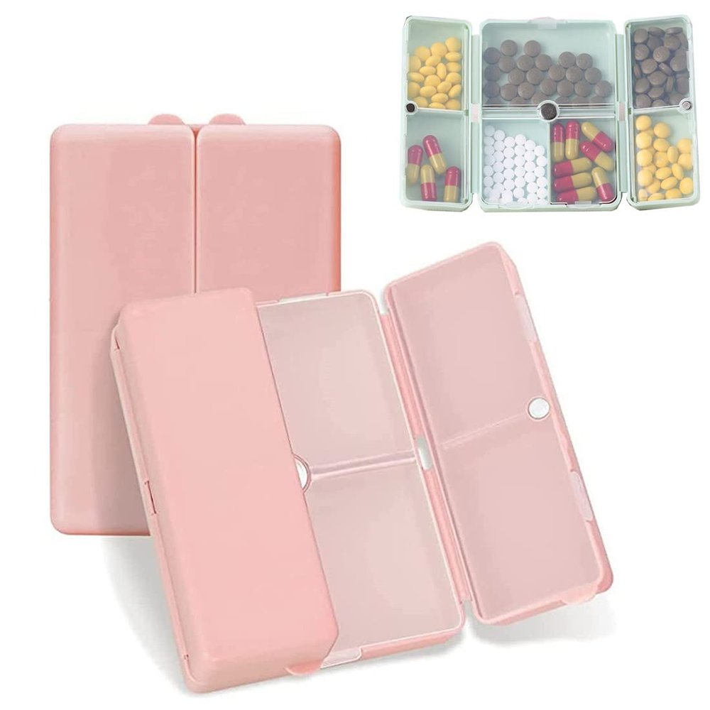 7 Compartments Portable Pill Case, Foldable Pill Organizer for Travel, Portable Daily Pill Case, Pocket Pharmacy with Labels, Magnetic Travel Pill Box (Pink)