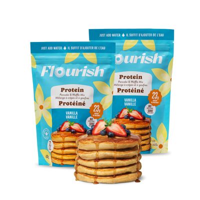 Flourish Protein Pancake & Waffle Mix, with Whey Protein & Flax Seed, No Added Sugar, High in Protein & Fiber - Just Add Water - Vanilla Flavour, 430g (2 Pack) - Made in Canada