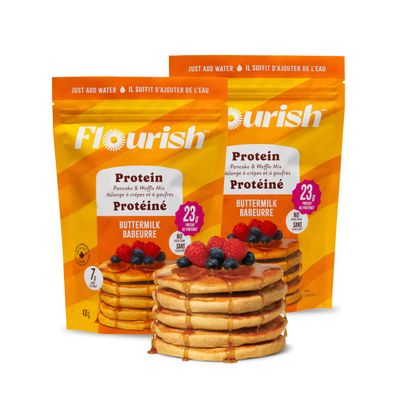 Flourish Protein Pancake & Waffle Mix, with Whey Protein & Flax Seed, No Added Sugar, High in Protein & Fiber - Just Add Water - Buttermilk Flavour, 16 oz (2 Pack)