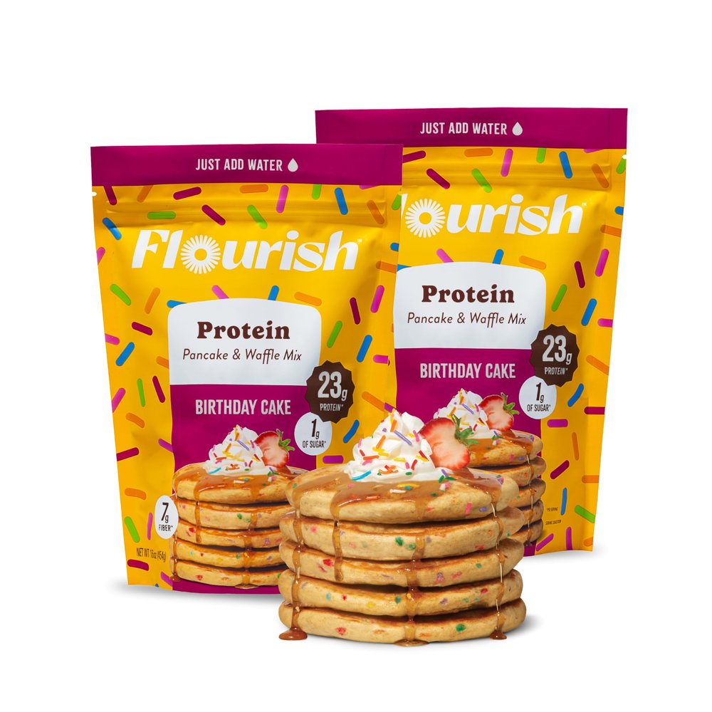 Flourish Protein Pancake & Waffle Mix, with Whey Protein & Flax Seed, No Added Sugar, High in Protein & Fiber - Just Add Water - Birthday Cake Flavour 16oz (2 pack)