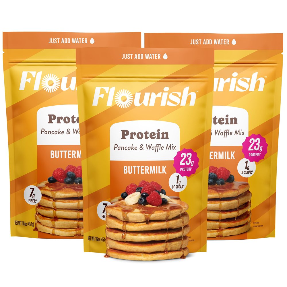Flourish Protein Pancake & Waffle Mix, with Whey Protein & Flax Seed, No Added Sugar, High in Protein & Fiber - Just Add Water - Buttermilk Flavour, 430g (3 Pack) - Made in Canada