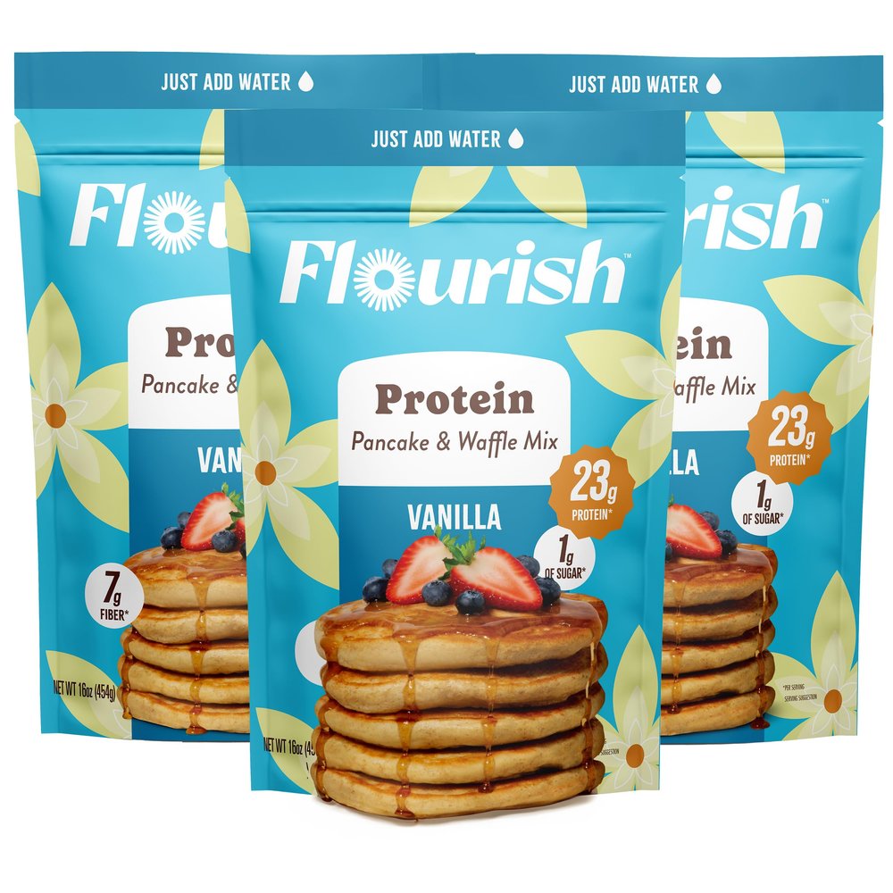 Flourish Protein Pancake & Waffle Mix, with Whey Protein & Flax Seed, No Added Sugar, High in Protein & Fiber - Just Add Water - Vanilla Flavour, 430g (3 Pack) - Made in Canada