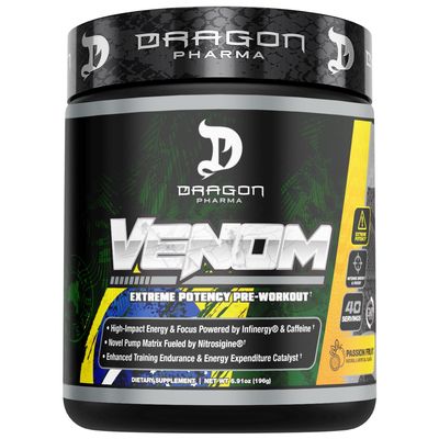 DRAGON PHARMA Venom Extreme Potency Pre-Workout, Laser Sharp Focus + Energy, Intense Performance, Proven Ingredients for Enhanced Vasodilation & Endurance (40 Servings, Passion Fruit)