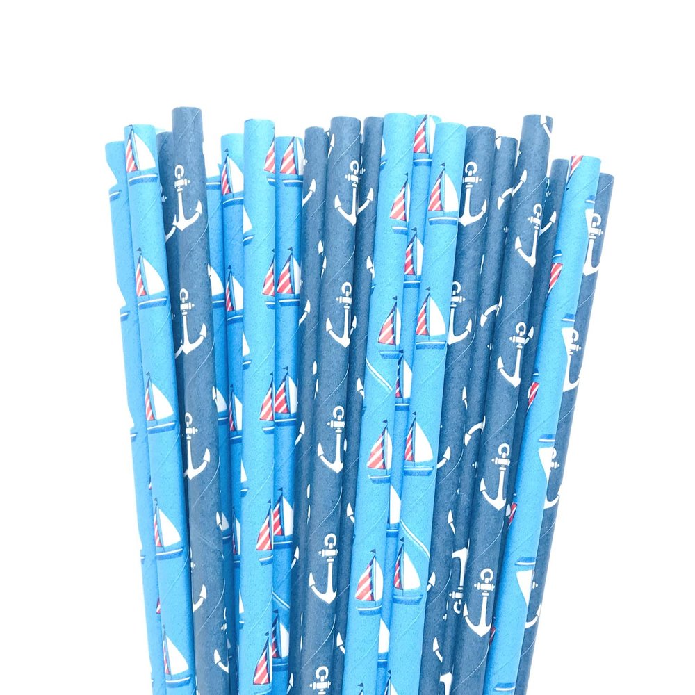 100 pcs Nautical Sailing Party Paper Straws, Disposable Biodegradable Decorative Blue Red White Anchor Sailboat Boat Sailor Bar Cute Party Supplies Drinking Straws Birthday Baby Shower Cake Pop Sticks