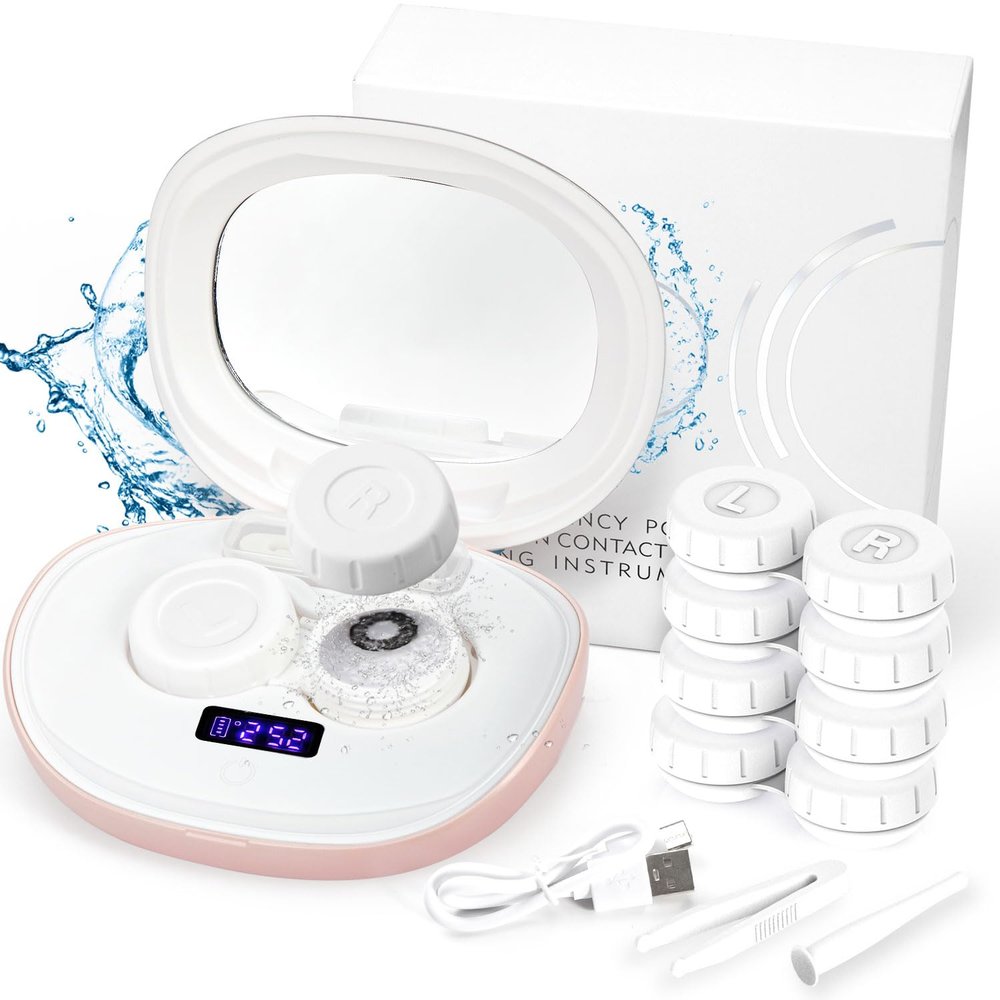 ANKUNABA Contact Lens Cleaner, Portable Ultrasonic Contact Lens Cleaning Machine with USB Charger, LED Timer Display & 5 Contacts Solution Cases Kit for Soft Hard Colored RGP Lenses (Pink)