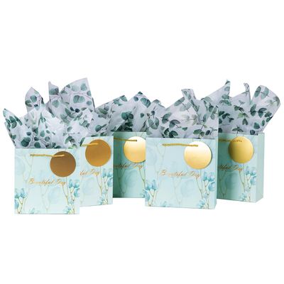 5PCS Leaf Green Gift Bags - Set of 5 with Tissue Paper and Tags, 7.8" Small Greenery Gift Bags for Baby, Bridal & Party Favors