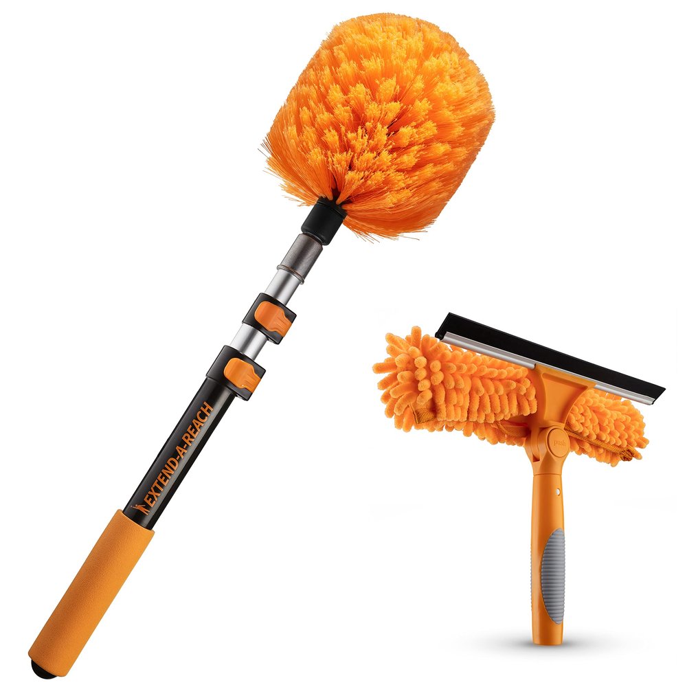 1.5-to-4 ft Cobweb Duster & Window Squeegee with Extension Pole // Spider Web Cleaner Cobweb Brush for Outdoor & Indoor Web Cleaning // Lightweight & Sturdy Telescopic Pole