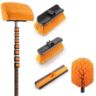 36 Foot Exterior House Cleaning Brush Set & Cobweb Duster with 7-30 ft Extension Pole // Vinyl Siding Brushes with Telescopic Extendable Pole & Window Cleaning Squeegee Tool