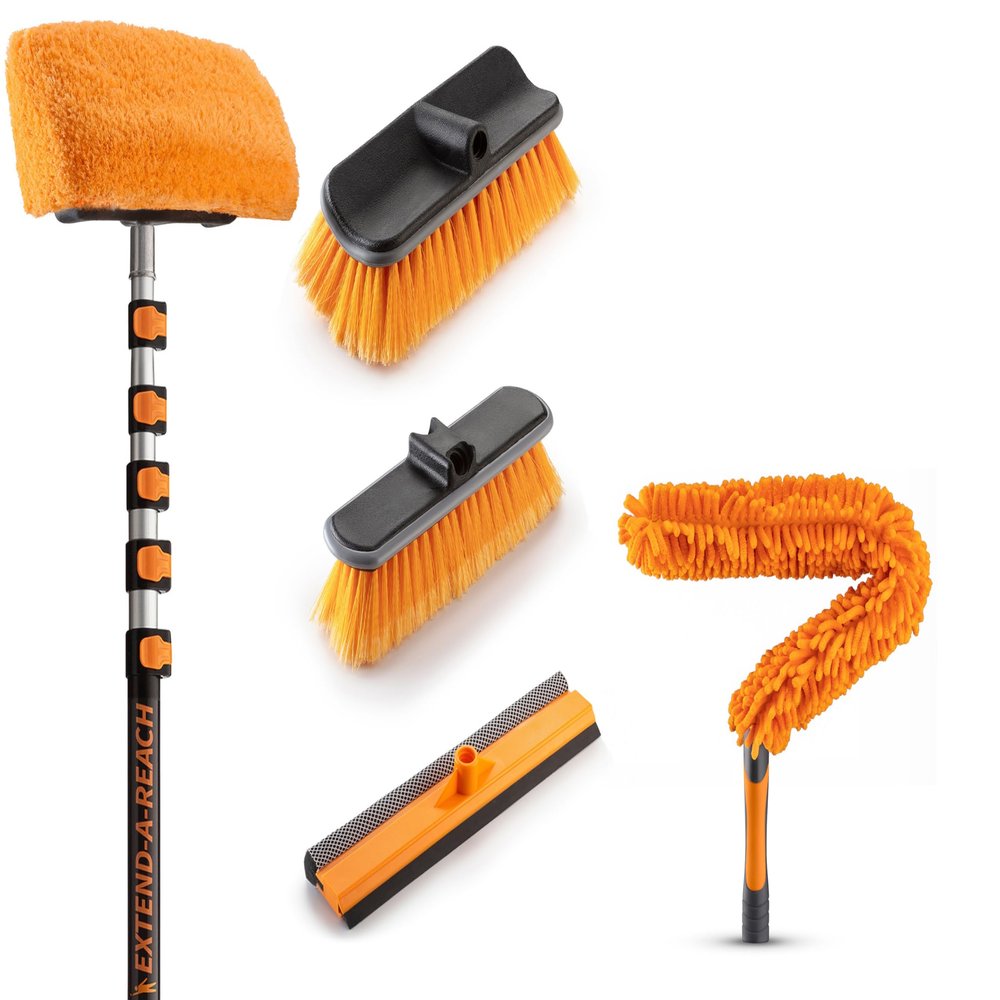 30 Foot Exterior House Cleaning Brush Set & Flexible Ceiling Fan Cleaner Duster with 7-24 ft Extension Pole // Vinyl Siding Brushes with Telescopic Extendable Pole & Window Cleaning Squeegee Tool
