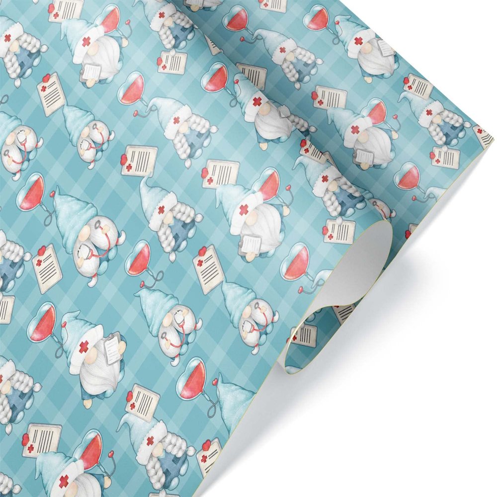 Cute Medical Gnome Gift Wrap Nurse Wrapping Paper Doctor First Responder Theme Party Decor (12 foot x 30 inch roll)