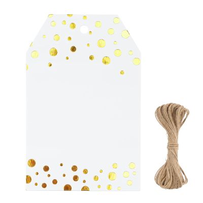G2PLUS Foil Gold Dots Gift Tags, 50 Pcs White Paper HangTags with String, Metallic Gold Dots Present Tags, Personalized Blank Labels for Wedding, Birthday, Party Favors (3.34"2.16")