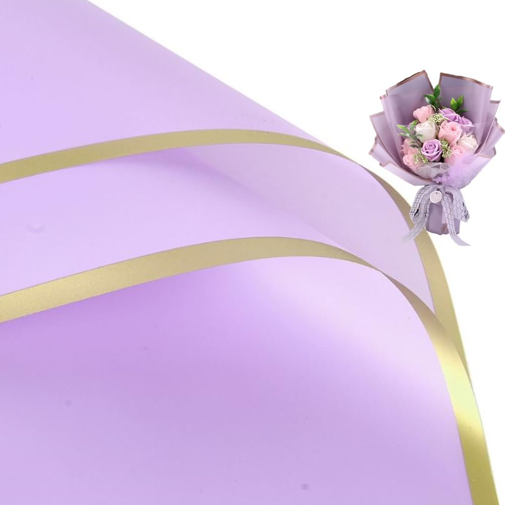 20 Sheets Pure color gold edge Flower Wrapping Paper,Waterproof Valentine's Day Bouquet Wrapping Paper 23x23Inch Used for DIY Crafts, Gift Packaging, Flower Shop Bouquet Packaging (Purple)