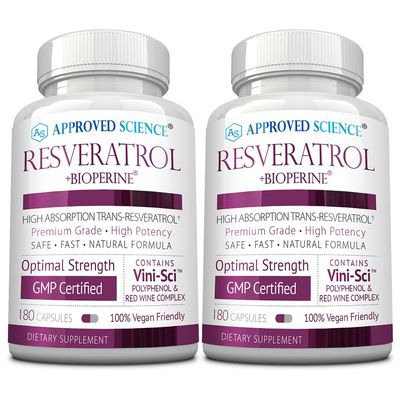 Approved Science Resveratrol - 1000 mg of Trans Resveratrol - 250 mg of Polyphenol - 98% Purity Level - Includes Bioperine - 380 Vegan Friendly Capsules - 2 Bottles
