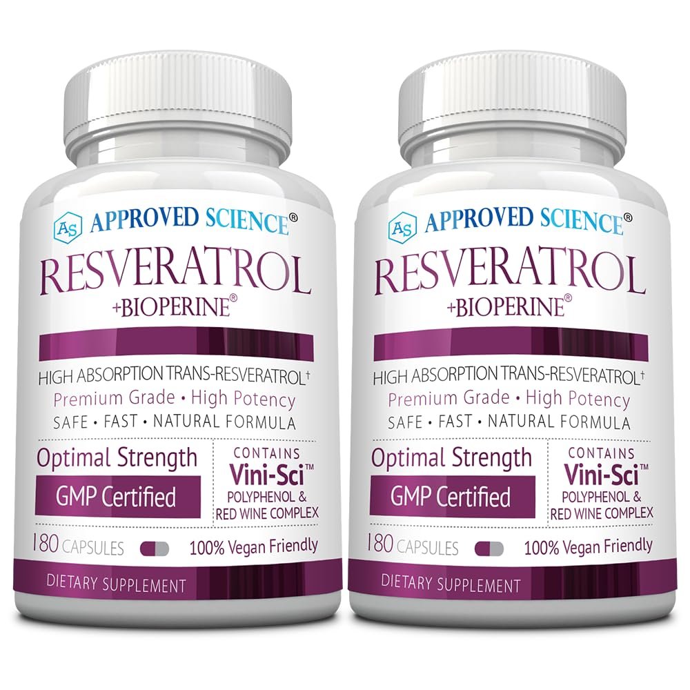 Approved Science Resveratrol - 1000 mg of Trans Resveratrol - 250 mg of Polyphenol - 98% Purity Level - Includes Bioperine - 380 Vegan Friendly Capsules - 2 Bottles