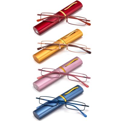 REAVEE 4 Pack Slim Pen Reading Glasses for Women Stylish Small Metal Tube Readers Spring Hinge with Portable Clip Case, Red Gold Pink Blue 3.75