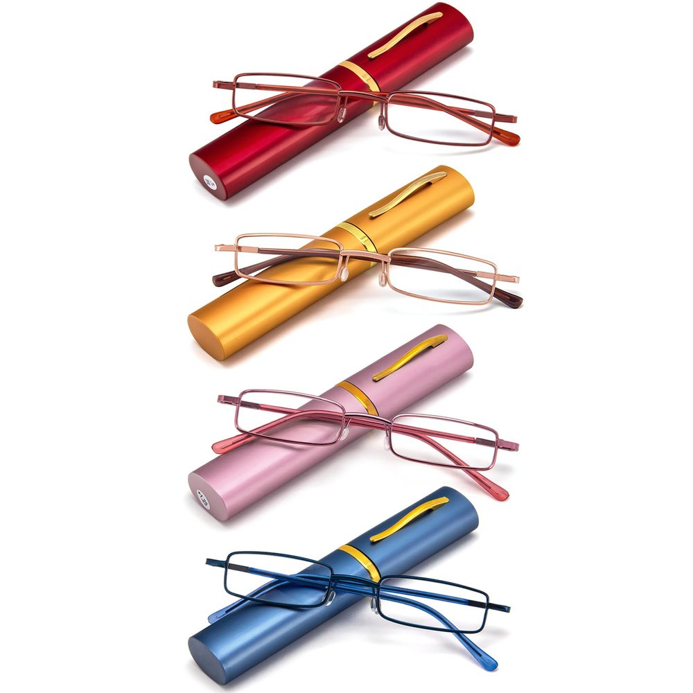 REAVEE 4 Pack Slim Pen Reading Glasses for Women Stylish Small Metal Tube Readers Spring Hinge with Portable Clip Case, Red Gold Pink Blue 3.75