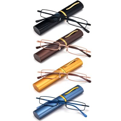 REAVEE 4 Pack Slim Pen Reading Glasses Small Tube Readers for Men Women Spring Hinged with Portable Clip Case, Black Brown Gold Blue 3.25