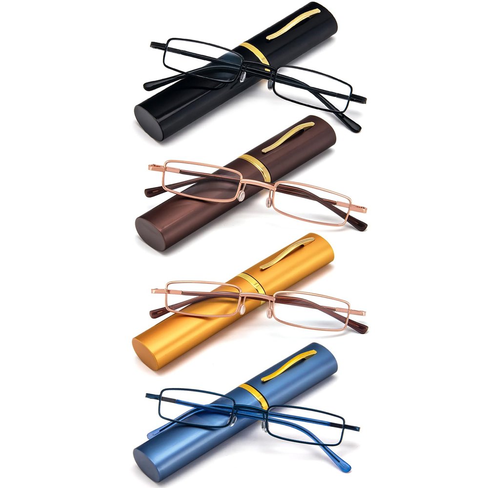 REAVEE 4 Pack Slim Pen Reading Glasses Small Tube Readers for Men Women Spring Hinged with Portable Clip Case, Black Brown Gold Blue 3.25