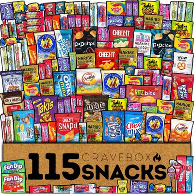 CRAVEBOX Snack and Candy Box (115 Count) Valentines Variety Pack Bundle Assortment Gift Basket Adults Kids Care Package Boyfriend Birthday Office College Teen Boys Men Students Food College School