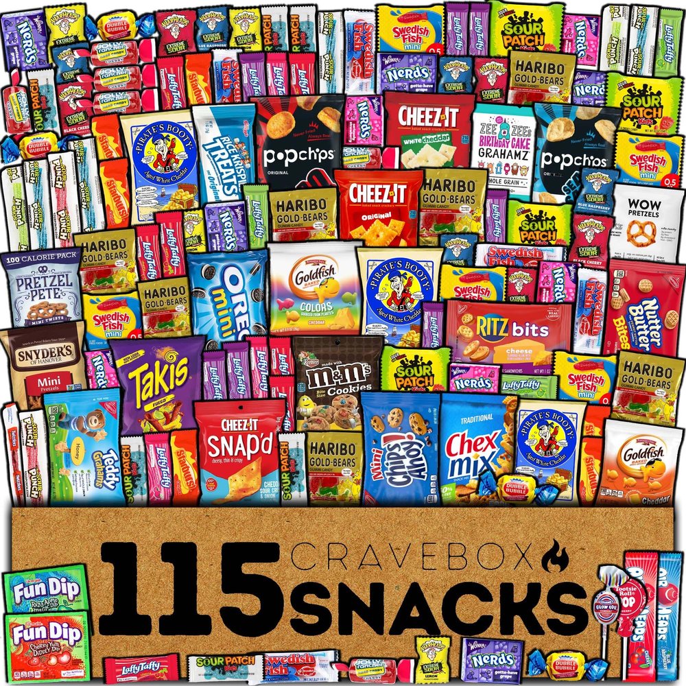 CRAVEBOX Snack and Candy Box (115 Count) Valentines Variety Pack Bundle Assortment Gift Basket Adults Kids Care Package Boyfriend Birthday Office College Teen Boys Men Students Food College School