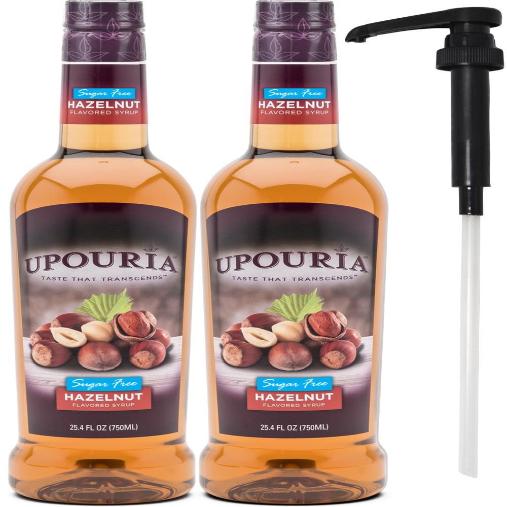 Upouria Sugar Free Hazelnut Coffee Syrup Flavoring, 100% Vegan, Gluten-Free, Kosher, 750 mL Bottle (Pack of 2) with 1 Coffee Syrup Pump