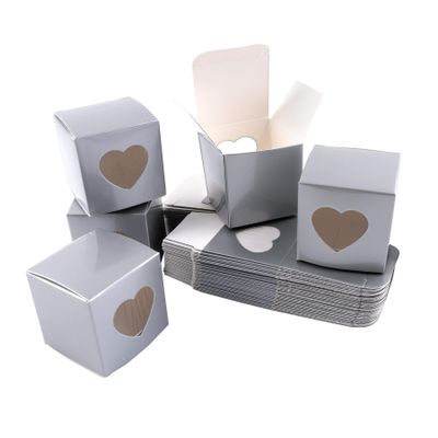 AUEAR, 50 Pack of Kraft Gift Boxes with Clear Plastic Heart Window 2x2x2 inch Grey Treat for Cake Candy Cookies Dessert