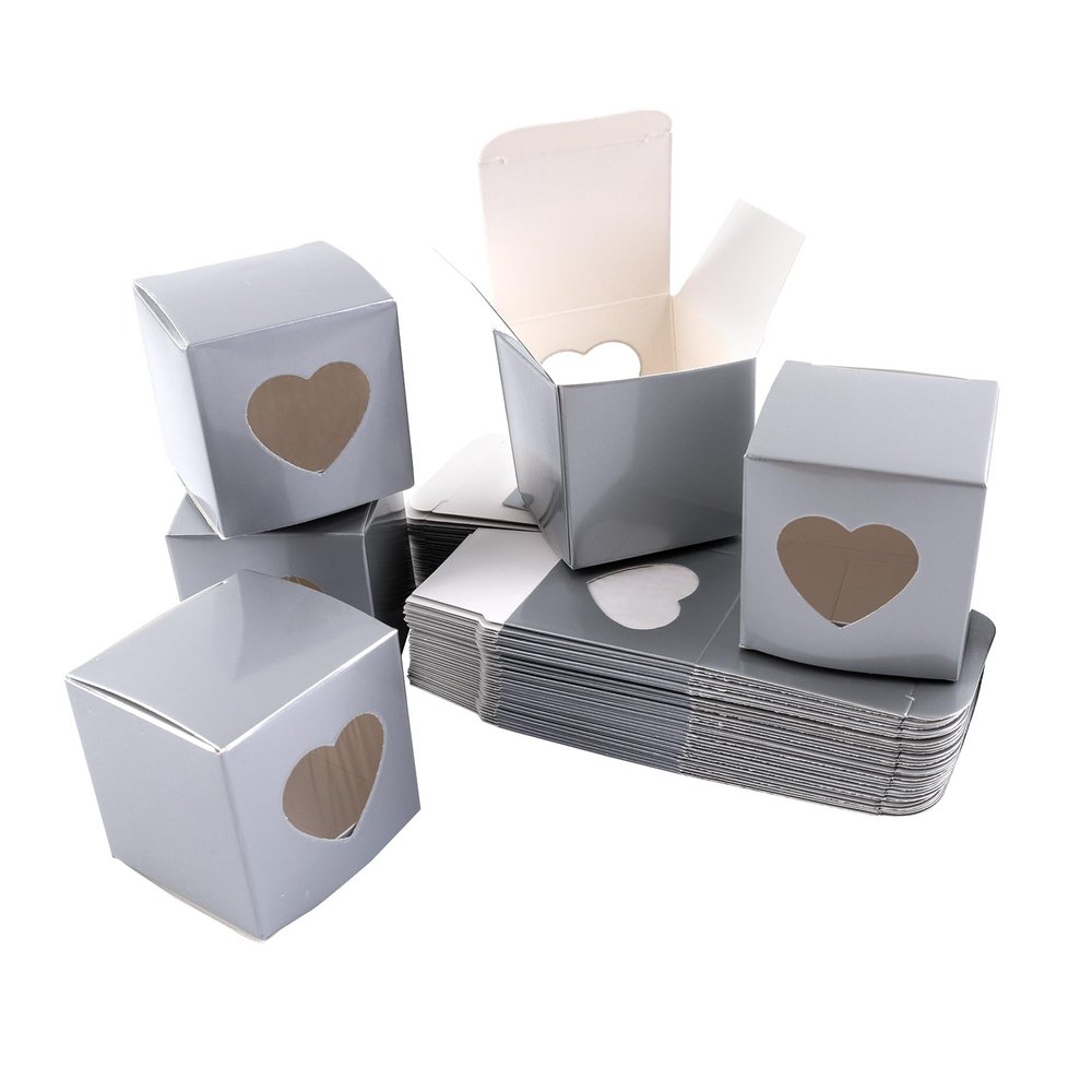 AUEAR, 50 Pack of Kraft Gift Boxes with Clear Plastic Heart Window 2x2x2 inch Grey Treat for Cake Candy Cookies Dessert