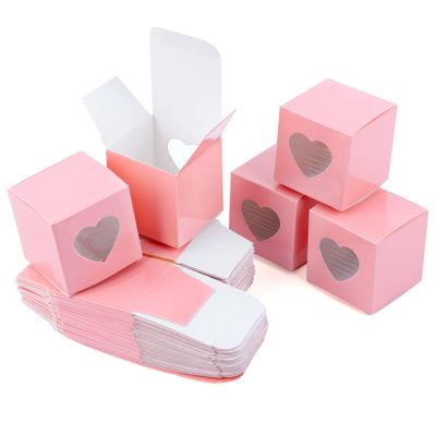 AUEAR, 50 Pack of Kraft Gift Boxes with Clear Plastic Heart Window 2x2x2 inch Pink Treat for Cake Candy Cookies Dessert
