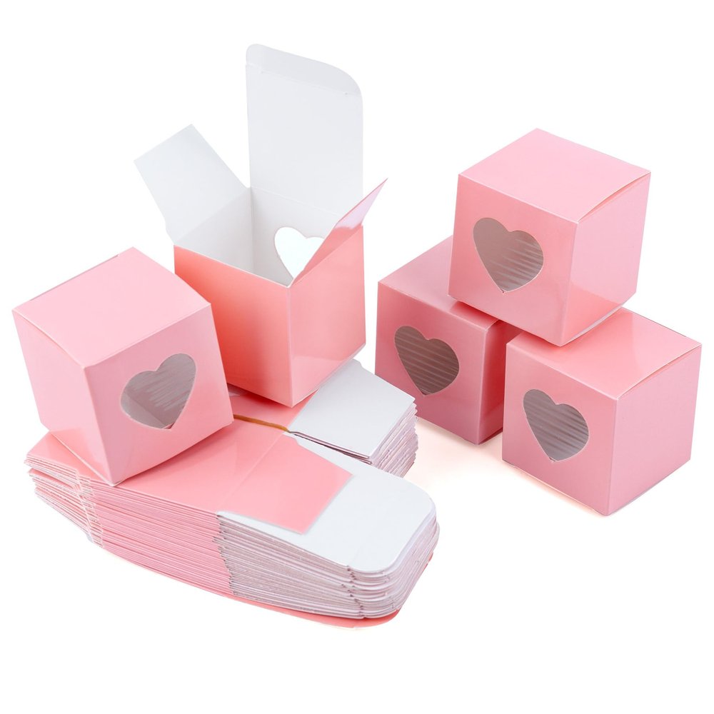AUEAR, 50 Pack of Kraft Gift Boxes with Clear Plastic Heart Window 2x2x2 inch Pink Treat for Cake Candy Cookies Dessert