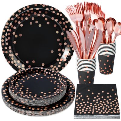 175PCS Black and Rose Gold Party Supplies,Rose Gold Dot on Black Paper Plates Napkins and Cups,Plastic Silverware Disposable Dinnerware Sets Serve 25 for Graduation Wedding Birthday Party Decorations