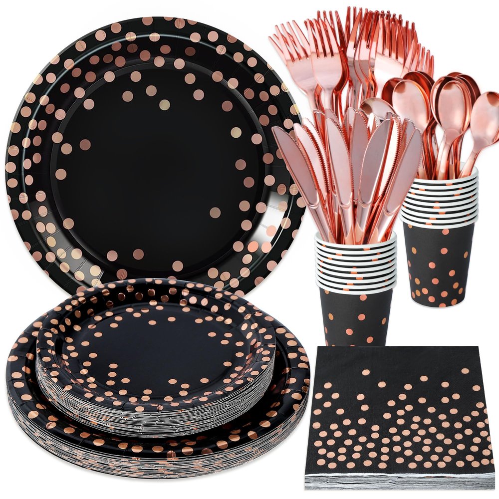 175PCS Black and Rose Gold Party Supplies,Rose Gold Dot on Black Paper Plates Napkins and Cups,Plastic Silverware Disposable Dinnerware Sets Serve 25 for Graduation Wedding Birthday Party Decorations