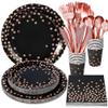 175PCS Black and Rose Gold Party Supplies,Rose Gold Dot on Black Paper Plates Napkins and Cups,Plastic Silverware Disposable Dinnerware Sets Serve 25 for Graduation Wedding Birthday Party Decorations view 1