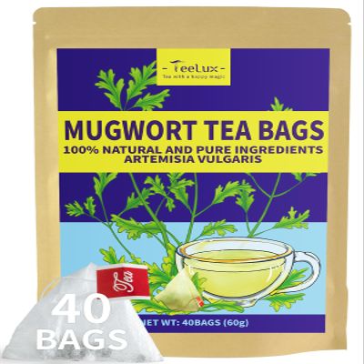 TeeLux Mugwort Tea Bags, 40 Count, Natural Mugwort Leaves, Caffeine Free, Biodegradable Corn Fiber Pyramid Tea Bags