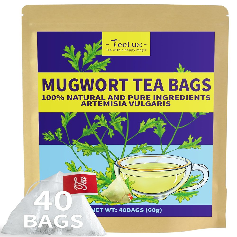 TeeLux Mugwort Tea Bags, 40 Count, Natural Mugwort Leaves, Caffeine Free, Biodegradable Corn Fiber Pyramid Tea Bags