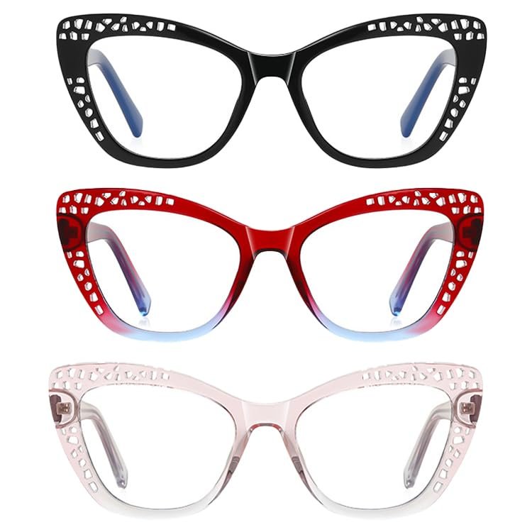 3 Pack Cat Eye Reading Glasses for Women - Blue Light Blocking Ladies Fashion Readers with Flexible Spring Hinges, Anti-Glare (black/red blue/pink, 1.5, multiplier_x)