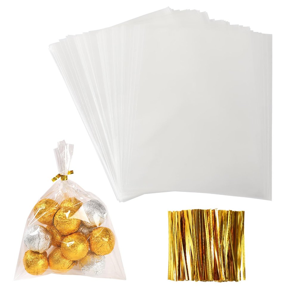 Augshy Cellophane Treat Bags, 300 Pcs 5x7 Inches Treat Cello Bags for lollipop with 320 Twist Ties, 1.4 mils Thickness OPP Plastic Bags for Packaging Candies, Dessert, Bakery, Cookies, Chocolate