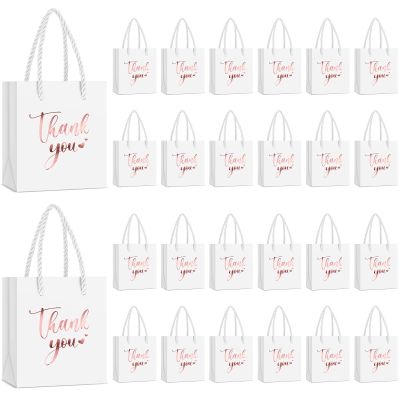 Honoson 60 Pcs Mini Thank You Gift Bag with Handle Bulk 4 x 2.75 x 4.5'' Small Paper Foil Bag for Valentines Day Wedding Gift Wrapping Birthday Party(Rose Gold and White)