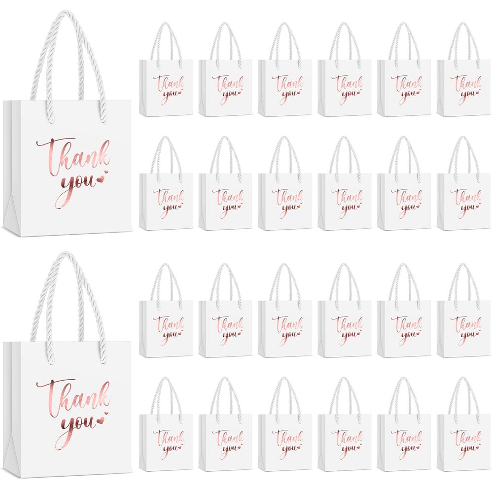 Honoson 60 Pcs Mini Thank You Gift Bag with Handle Bulk 4 x 2.75 x 4.5'' Small Paper Foil Bag for Valentines Day Wedding Gift Wrapping Birthday Party(Rose Gold and White)