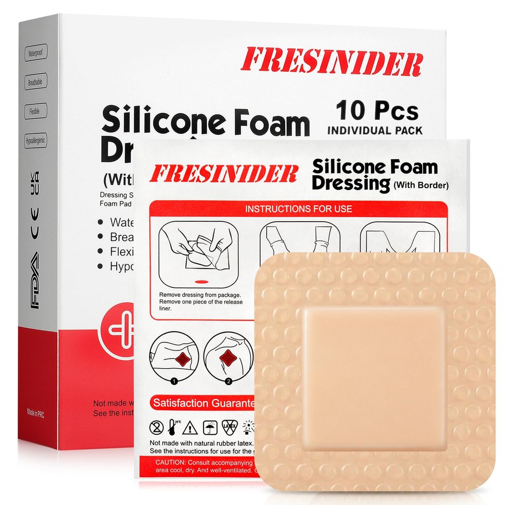 FRESINIDER Silicone Foam Dressing with Adhesive Border, 10 Pack, 2 x 2 Small Foam Wound Dressings, Gentle Silicone Adhesion, Breathable & Comfortable, for Minor Cuts, Burns & Post-Surgical Care
