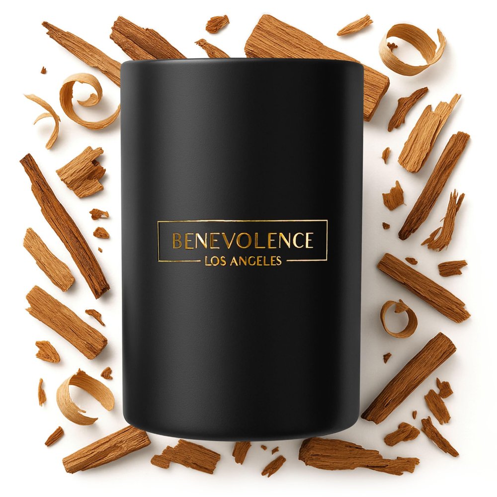 Benevolence LA Premium Santal Scented Candle Long-Lasting, 45-Hour Burn Luxury Black Wax Soy Candle for Home Aromatherapy & Room Decor 10oz