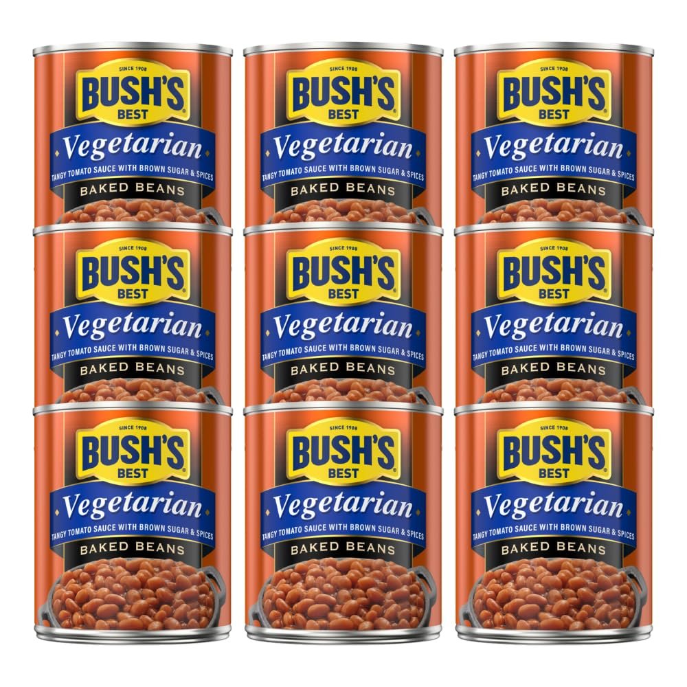 BUSH'S BEST Vegetarian Baked Beans- Canned Beans, Baked Beans,Kosher, Source of Plant Based Protein and Fiber, Low Fat, Gluten Free 8.3 OZ (Pack of 9)