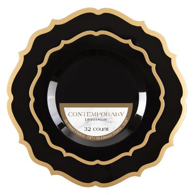 PLASTICPRO 64 Pack Elegant Disposable Plastic Plates Combo Set Includes 32 Dinner Plates and 32 Salad Plates Heavy Duty Fancy Party Plates Black & Gold Contemporary Design