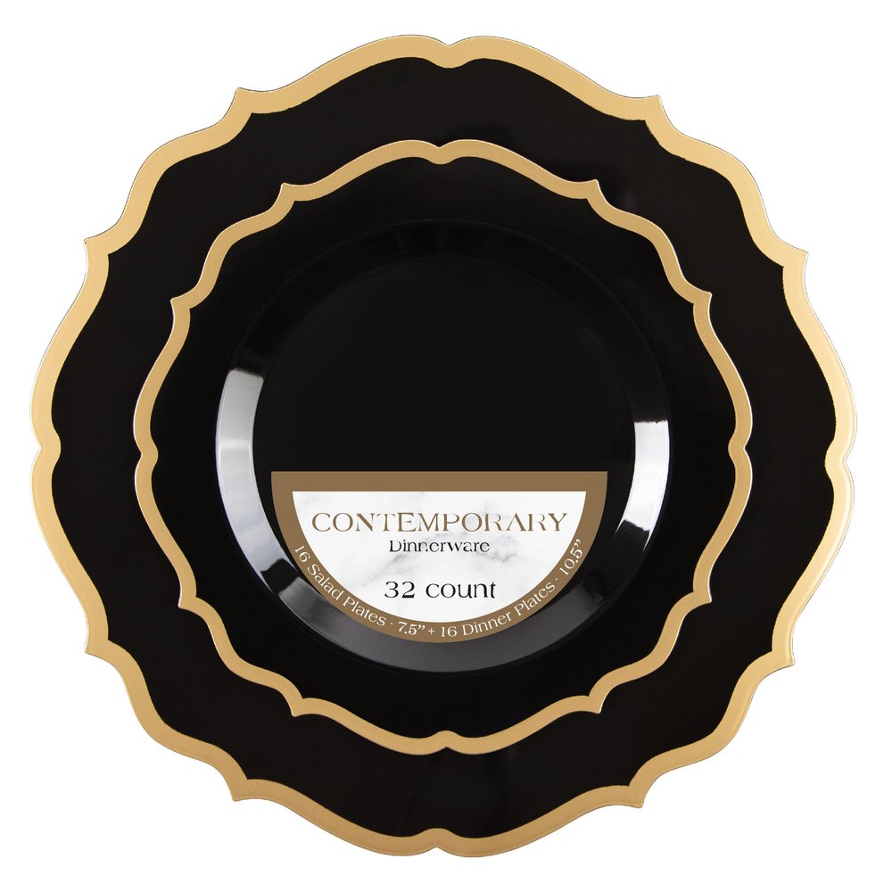 PLASTICPRO 64 Pack Elegant Disposable Plastic Plates Combo Set Includes 32 Dinner Plates and 32 Salad Plates Heavy Duty Fancy Party Plates Black & Gold Contemporary Design